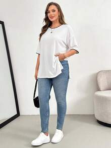 Shapeblank Áo thun cỡ lớn, cổ tròn, xẻ tà, phối màu tương phản - Nhiều màu - Xem 5