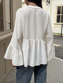 Livesso Elegant All White Autumn Chiffon Shirt For Women,Floral Ruffle Patchwork V-Neck Pullover Long Sleeve Top,Casual Vacation Beach Vacation Cover Up - White - View 3