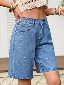 Breezaya Quần short denim nữ dáng rộng, thoải mái, thêu nơ, kiểu dáng thường ngày. - Rửa trung bình - Xem 5