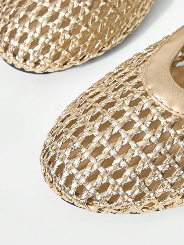 LADIES GOLD FLAT BOTTOM HOLLOW WEAVE HORIZONTAL STRAP BUCKLE MARY JANE SHOES SIMPLE AND ELEGANT VACATION DAILY COMMUTER COLLEGE