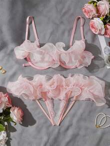 SHEIN 性感女士荷叶边细节网眼内衣套装，适合外出穿着 - 淺粉色 - 查看 3