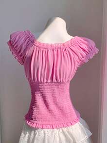 Comfortcana 女士纯色荷叶边前系带短袖休闲衬衫 - 藕粉色 - 查看 2