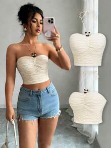 Lyxana Beaded Decor Strapless Tie Front Ruched Crop Top For Women, Beach Vacation Style - Apricot - View 5