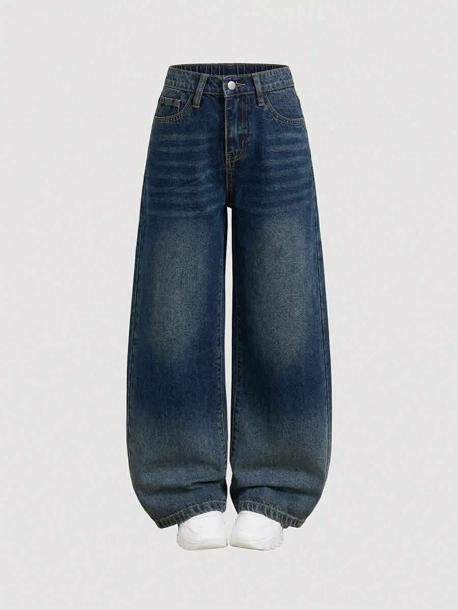 SHEIN Girlism Quần jeans ống rộng cạp cao phong cách Y2K retro cho bé gái, quần áo mùa thu cho bé gái, trang phục đường phố đi học. - Rửa tối - Xem 1