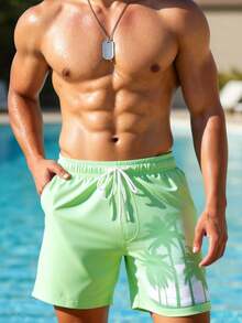 Manfinity Swimmode Quần short đi biển mùa hè dành cho nam, in hình cây cỏ, có túi xéo. - Màu xanh Bạc hà - Xem 8