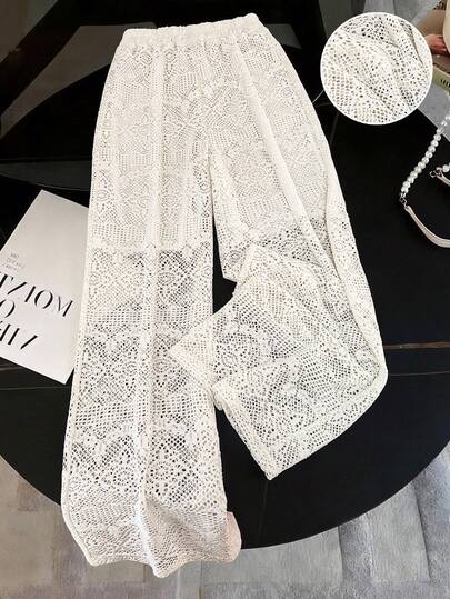 GlowEve Women's Fashion High Waist Lace Hollow Out Wide Leg Pants, Romantic Elegant Casual Wear, Commute, Date, Party, Spring/Summer