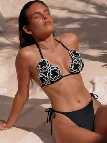 Swim Mod Summer Vacation Sexy Solid Color Patchwork Petal Micro Triangle Bikini Set - Black - View 4