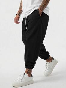 Manfinity Dauomo Plus Size Men's Fashionable Versatile Solid Color Drawstring Sweatpants - Black - View 4