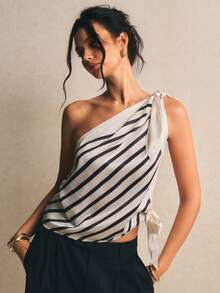 Poéselle Women's Fashionable Striped Tie Shoulder Blouse, Summer - Black and White - View 4