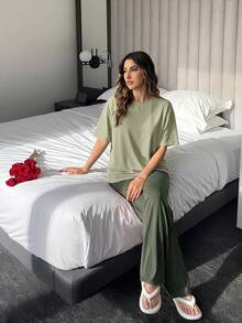 DAZY Simple Monochrome Short Sleeve Top & Long Pants Home Clothes Set, Outfits Pajama - Green - View 4