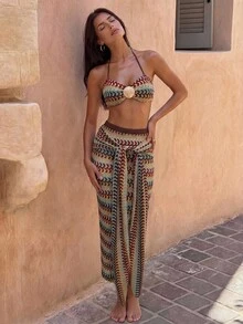 Bonvoyette 女士休闲度假沙滩派对优雅特殊面料挂脖三件套泳衣，夏季波西米亚风格 - 彩色 - 查看 3