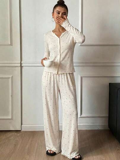 DAZY ポルカドットプリント 長袖ボタンアップトップ&パンツ パジャマセット、秋冬用衣類