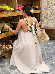 SHEIN LUNE Plus Size Women's Spring/Summer Lemon Print Contrast Color Backless Casual Dress - Apricot - View 7
