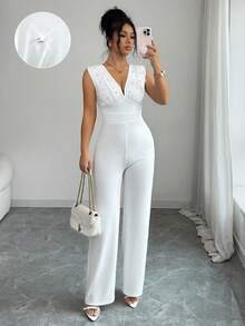 Elenzga Bộ áo liền quần không tay thanh lịch dành cho nữ, màu trơn, đính ngọc trai, hàng mới về cho mùa hè. - trắng - Xem 4