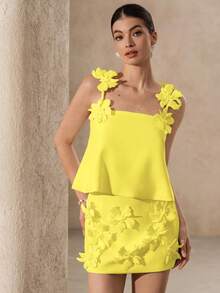 Aveloria Rosie 白色手工3D立体花朵装饰吊带简约优雅吊带背心搭配同款3D立体花朵装饰迷你裙，百搭精致浪漫两件套，女士必备 - 黃色 - 查看 1