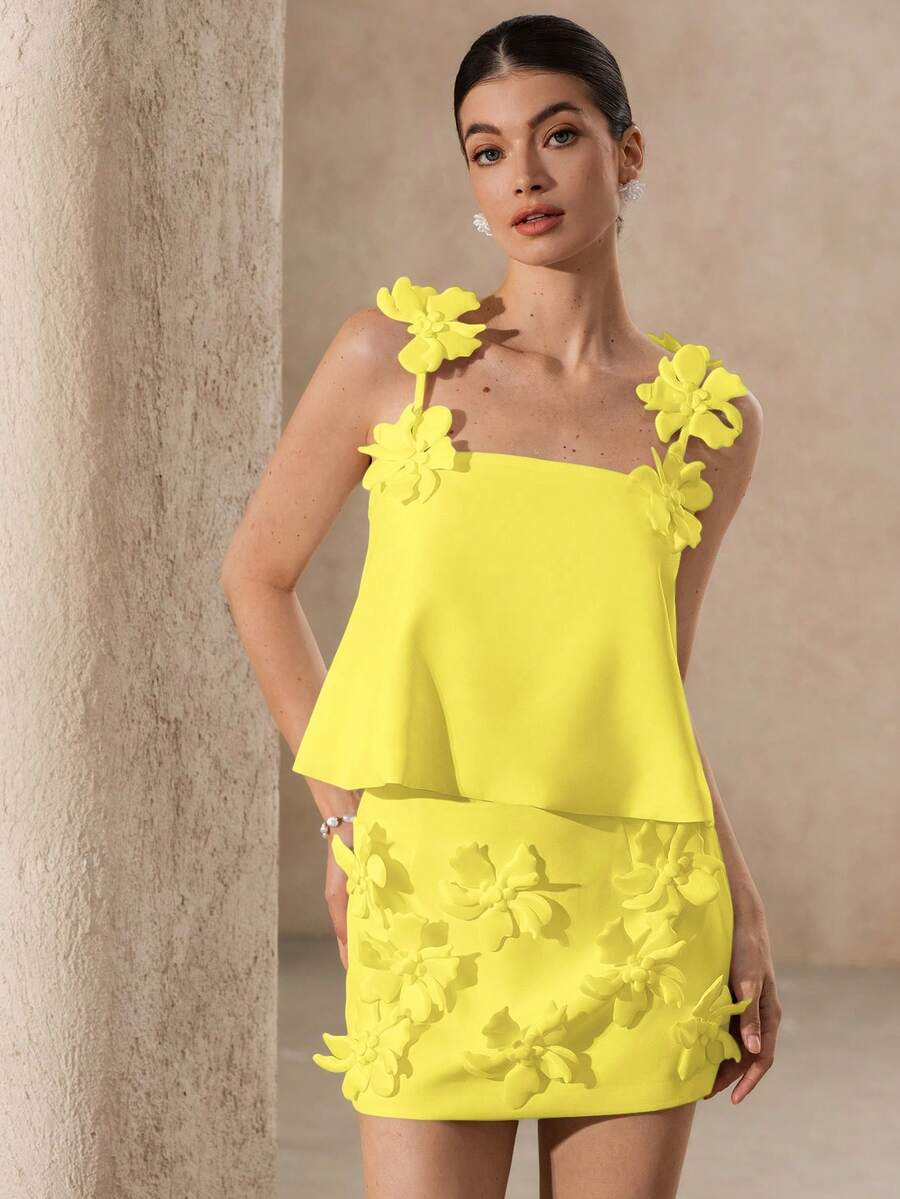 Aveloria Rosie 白色手工3D立体花朵装饰吊带简约优雅吊带背心搭配同款3D立体花朵装饰迷你裙，百搭精致浪漫两件套，女士必备 - 黃色 - 查看 1