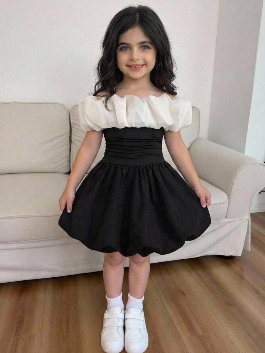 SHEIN Young Girl Elegant Off-Shoulder Color Block Lantern Hem Ruched Fitted Party Dress, Exaggerated Organza Ruffle, Black, Suitable For Wedding, Valentine's Day - Black - View 1