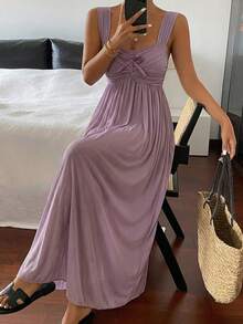 Women's Romantic Mesh Lace Splicing Ruched Design Slip Nightgown Pajama - Purple - View 2