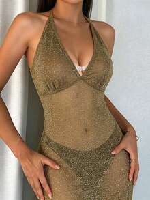 DAZY Metallic Sheer Mesh & Satin Backless Deep V-Neck Sexy Nightgown Lingerie For Women - Gold - View 3