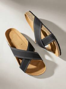 Solecia 女士春夏新款软底轻便舒适平底凉鞋，适合日常通勤、购物、度假、海滩玩耍，时尚百搭的黑色交叉绑带拖鞋。 - 黑色 - 查看 1