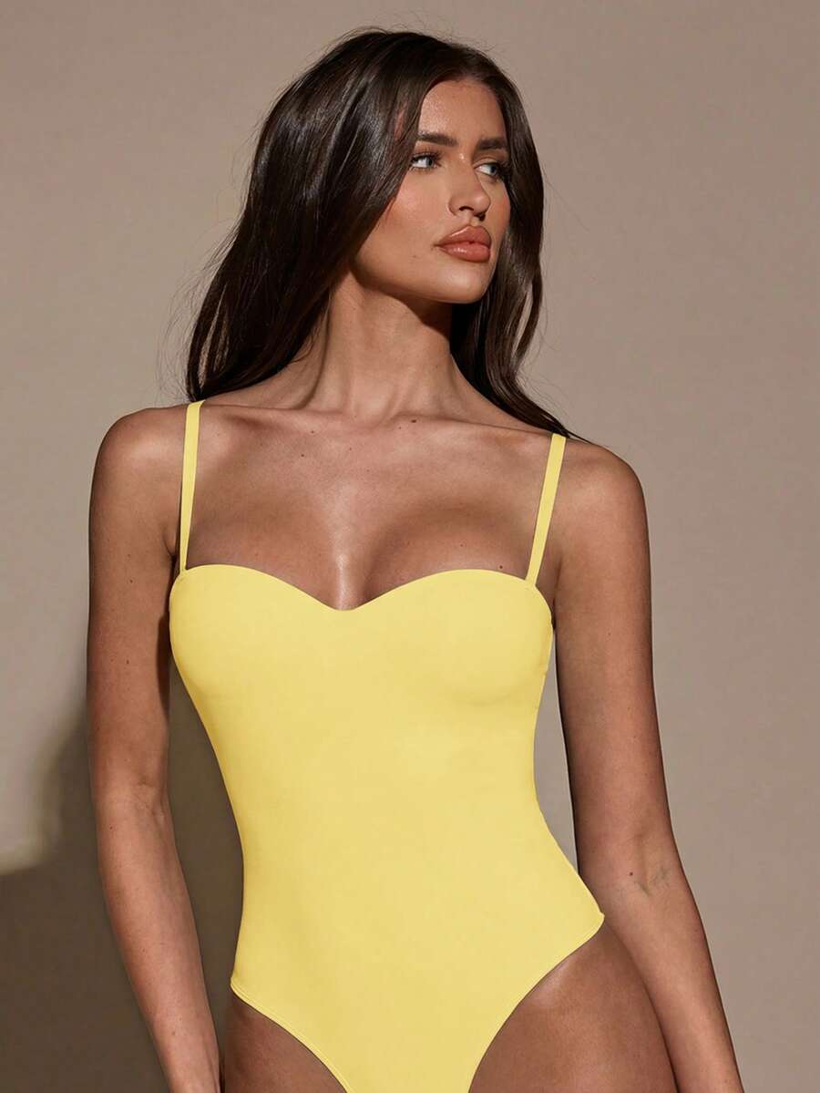 SHEIN BAE Women's Elegant Solid Color Sleeveless Bodysuit, Summer - Mustard Yellow - View 1