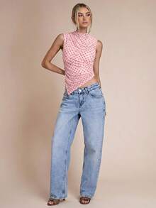 SHEIN BAE Áo tank top không tay cổ đứng chấm bi thời trang nữ, thích hợp mùa hè. - Màu Hồng baby - Xem 5
