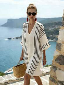 SHEIN Holidaya Đầm kẻ sọc phối màu thường ngày dành cho nữ - Màu be - Xem 3