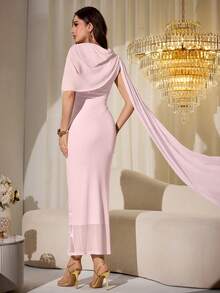 Modelyn Spring & Summer Elegant 3D Embroidered Floral Patchwork Chiffon Cinched Waist Dress - Pink - View 3