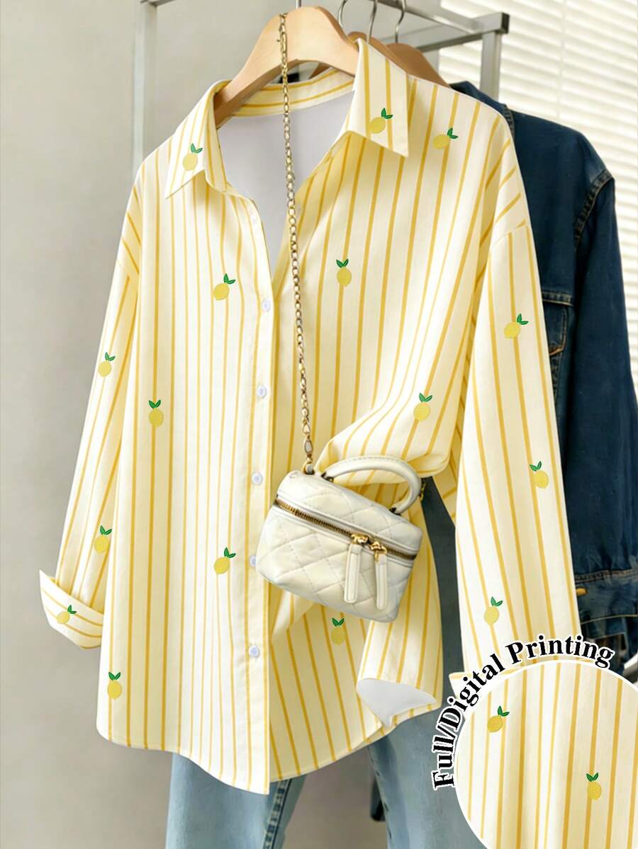 Resyla Camisa de mujer con estampado de rayas y limones, de uso casual y versátil para el día a día - Multicolor - Ver 1