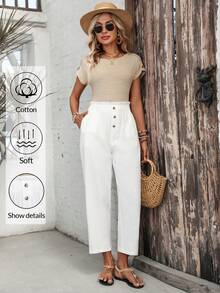 EMERY ROSE Women's Solid Color Ruffle Waistband Button Design Casual Pants Summer Holiday Outfits  Summer Outfit For Women Women's Country Pants White Pants White Trousers For Women Linen Pants For Women Zenske Pantalone Straight Pants For Women - White - View 5