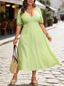Breezaya Plus Size Sage Green Plaid Dress,Summer Elegant Deep V-Neck Puff Sleeve Mid-Length Skirt,Bali Tea Party Boho Picnic Vacation Resort Wear For Women - Green - View 4
