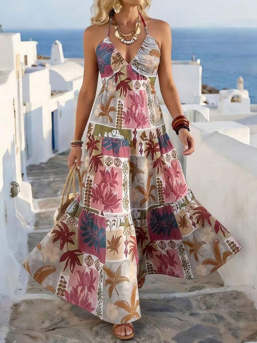 Silhoulove Đầm nữ kiểu dáng thường ngày, in họa tiết toàn thân, cổ yếm, hở lưng, thích hợp cho kỳ nghỉ hè. - Nhiều màu - Xem 1