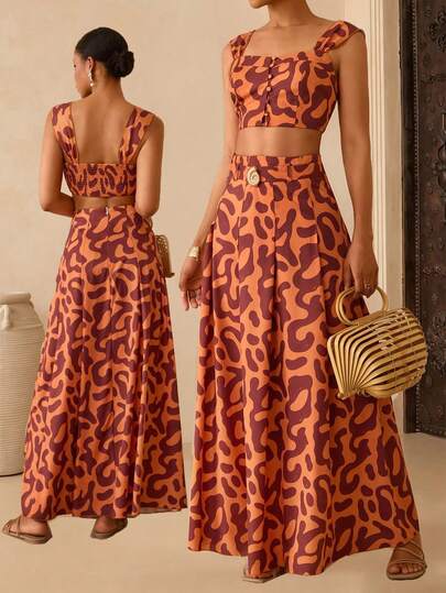 Vesra 女士度假风不对称图案复古印花吊带短款前扣背心，饰以精致贝壳装饰，搭配褶皱A字中长裙两件套