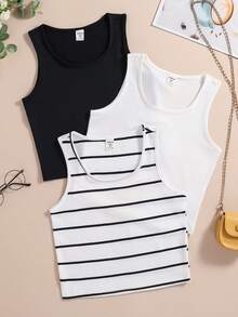 Tween Girls Casual Versatile All-Match Minimalist Black & White Striped 3 Pieces Set (Top) - Multicolor - View 3