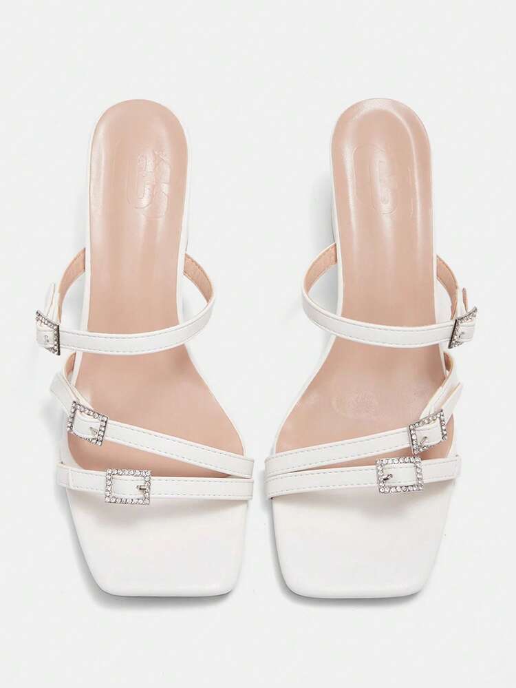 CUCCOO CURVES Women Shoes Wide Fit Fashion Square Toe Thick High Heel White Multiple Strips With Diamond Buckle Simple Classic Daily Comfort Fattened High Heel Women's Sandals Slippers Plus Size