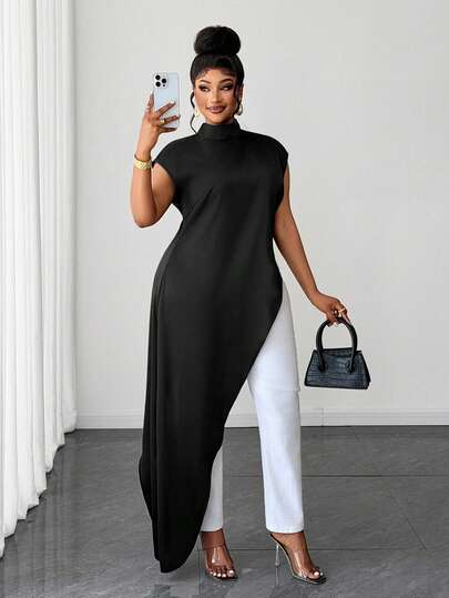 Maweii Plus Size Women's Solid Color Stand Collar Casual Long Shirt