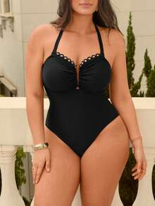 Swim Chiccia Áo tắm đi biển thanh lịch dành cho nữ cỡ lớn, áo tắm đi biển màu đen tôn dáng, áo tắm đi biển họa tiết hoa với viền cúp ngực khoét rỗng, áo tắm liền thân cỡ lớn. - màu đen - Xem 5