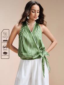 Aveloria Modichic Áo sơ mi nữ chất liệu satin bóng, cổ chữ V, dáng rộng, thắt eo, họa tiết hình học, thích hợp mặc đi làm hoặc mặc thường ngày. - màu xanh lá - Xem 1