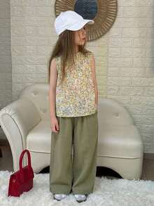 Dazy Kids 2pcs/Set Tween Girls Ditsy Floral Sleeveless Tank Top & Long Pants Sets, Fall Vacation Easter - Green - View 4