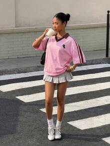 Muchica 女士撞色刺绣Polo衫 - 淺粉色 - 查看 3