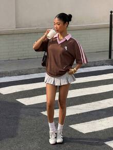 Muchica 女士撞色刺绣Polo衫 - 巧克力棕 - 查看 3