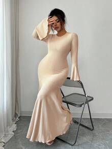 Elenzga Plus Size Women Solid Color Waist Ruffle Hem Mermaid Dress With Long Sleeves - Champagne - View 7
