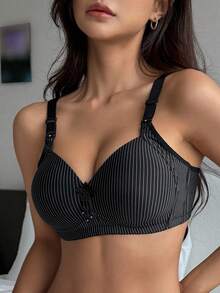 DAZY 1pc Women's Adjustable Straps Striped Print Wireless Lightly Lined Bra Lingerie For Women - Black - View 3