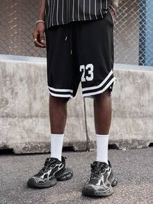 EVRINFINITE 男士数字印花抽绳腰部宽松休闲篮球短裤 - 黑色 - 查看 7