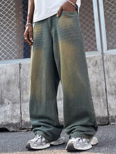 EVRINFINITE 1件 Justice Brother 休闲百搭情侣做旧复古水洗宽松阔腿牛仔裤