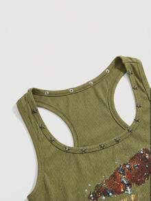 ROMWE Grunge Punk Women's Retro Baddie Unisex Streetwear Casual Star & Rivet Print Bodycon Mini Dress - Army Green - View 3