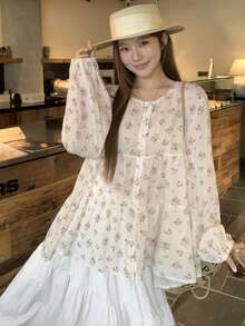 Women's Ditsy Floral A-Line Pleated Casual Loose Shirt Boho - Apricot - View 2