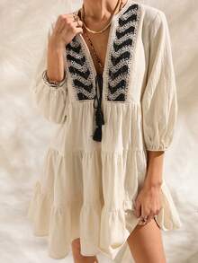 Vestido romántico de línea A con cuello en V, cintura anudada y bordados, estilo bohemio, suave, para vacaciones, para mujeres - Albaricoque - Ver 4