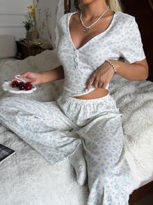 CottageSlumber Romantic Floral V-Neck Button-Down Short Sleeve Knit Pajama Set For Women - Beige - View 4