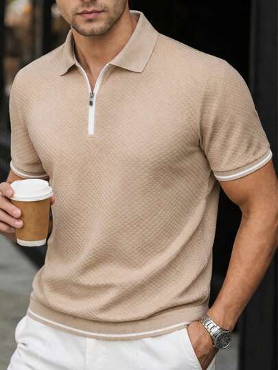 Manfinity Bizformal Men's Casual Business Suitable For Daily Wear, Comfortable Jacquard Fabric Vacation Casual Mature Style Polo Shirt/ Men's Apricot Knitted Polo Shirt With Rib-Knit Details For Tennis And Golf Style Polo Shirt For Men Men Polo Shirt Men Casual Polo Shirt